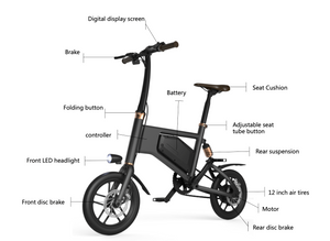 GlareWheel 12'' Foldable Electric Bike Urban Fashion X5 Black