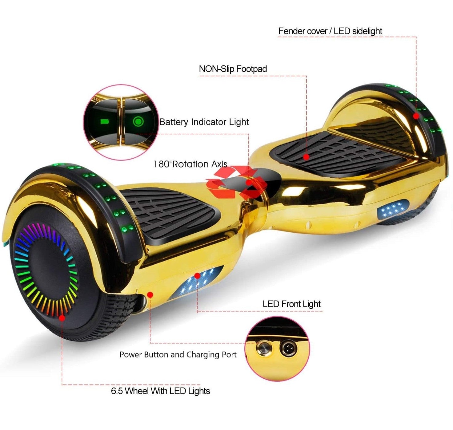 GlareWheel Chrome Gold Hoverboard With Built-In Bluetooth Speaker LED Light Up Wheel freeshipping - GlareWheel